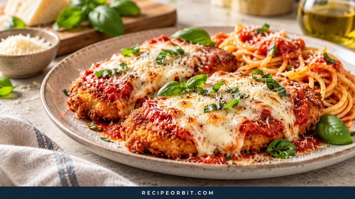 Crispy baked chicken Parmesan topped with marinara sauce, melted mozzarella, and fresh basil, served with spaghetti.