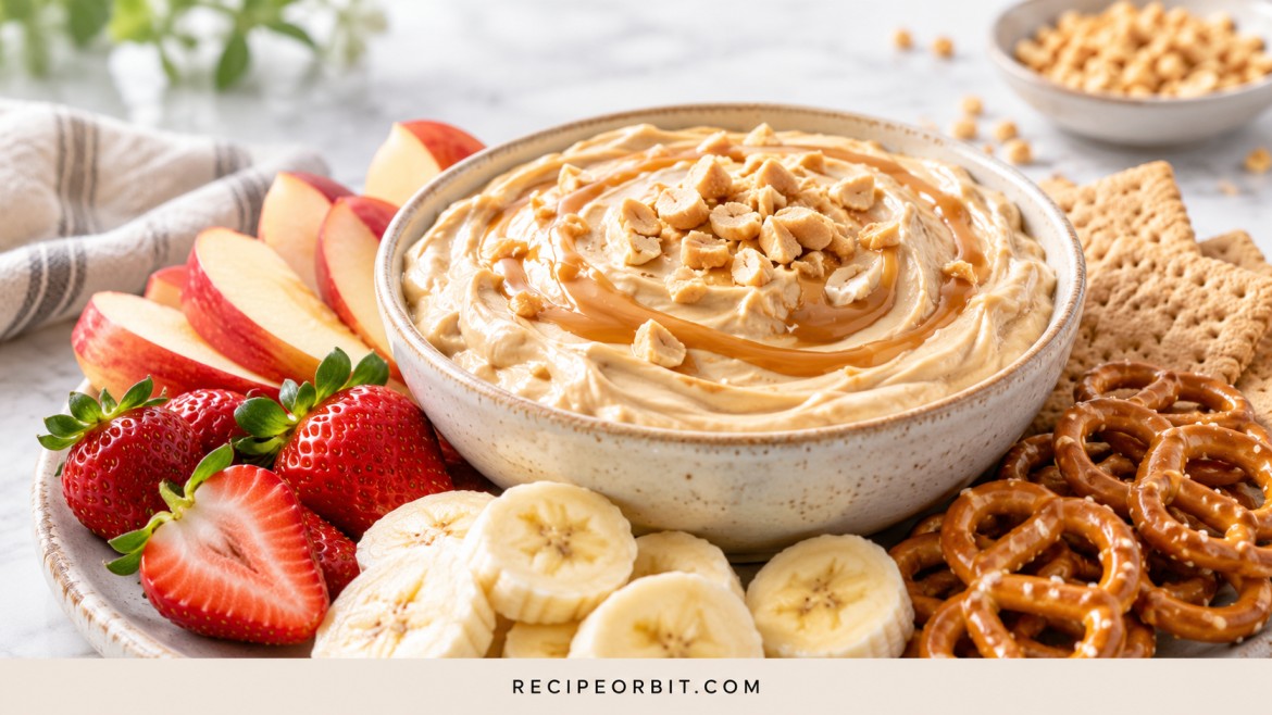 Creamy peanut butter Greek yogurt dip served with fresh fruits, pretzels, and graham crackers.