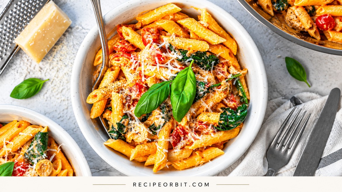 Creamy tomato chicken penne pasta with spinach, cherry tomatoes, Parmesan cheese, and fresh basil.