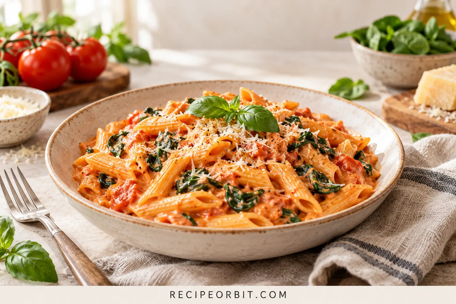 Creamy tomato spinach pasta with fresh basil, Parmesan cheese, and a rich tomato cream sauce.