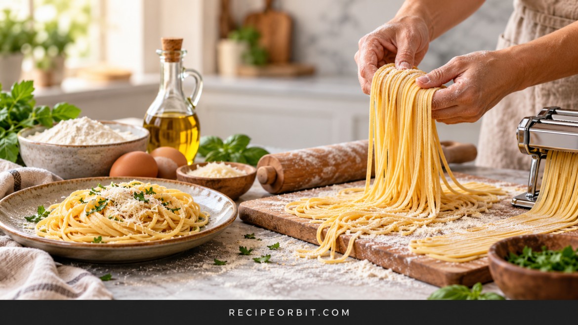 Fresh homemade spaghetti noodles being prepared by hand with flour, eggs, and a pasta machine.