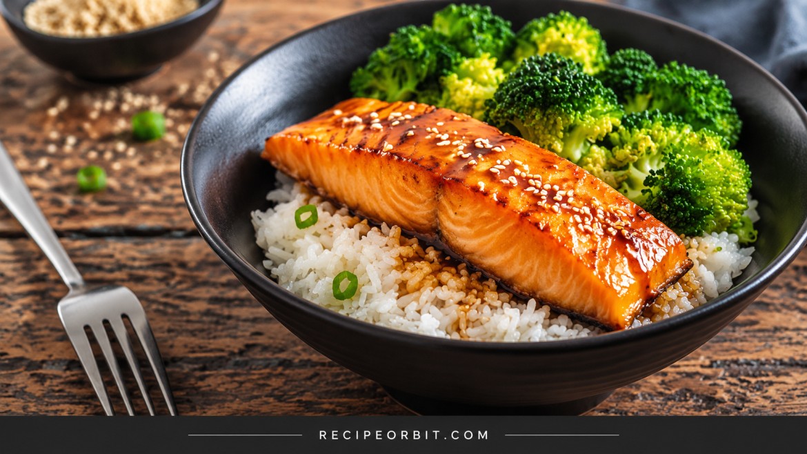 Glazed salmon fillet served over white rice with steamed broccoli and sesame seeds.