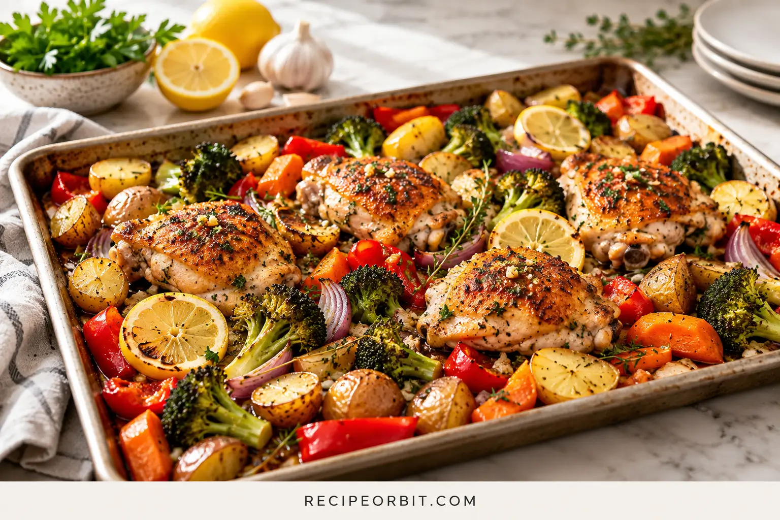 Sheet-pan lemon-garlic chicken with roasted broccoli, carrots, bell peppers, potatoes, and fresh lemon slices.