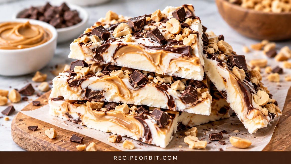 Homemade frozen peanut butter chocolate yogurt bark topped with dark chocolate chunks and chopped peanuts.