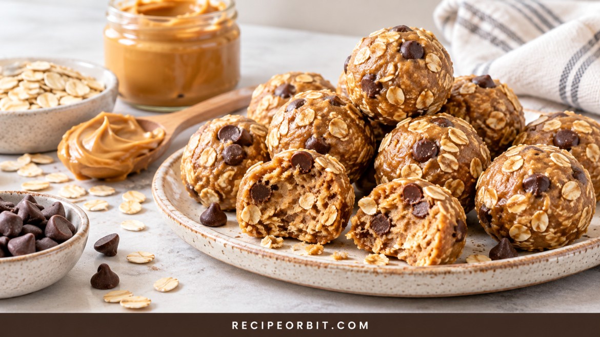 Homemade no-bake peanut butter oat protein bites with chocolate chips on a ceramic plate.