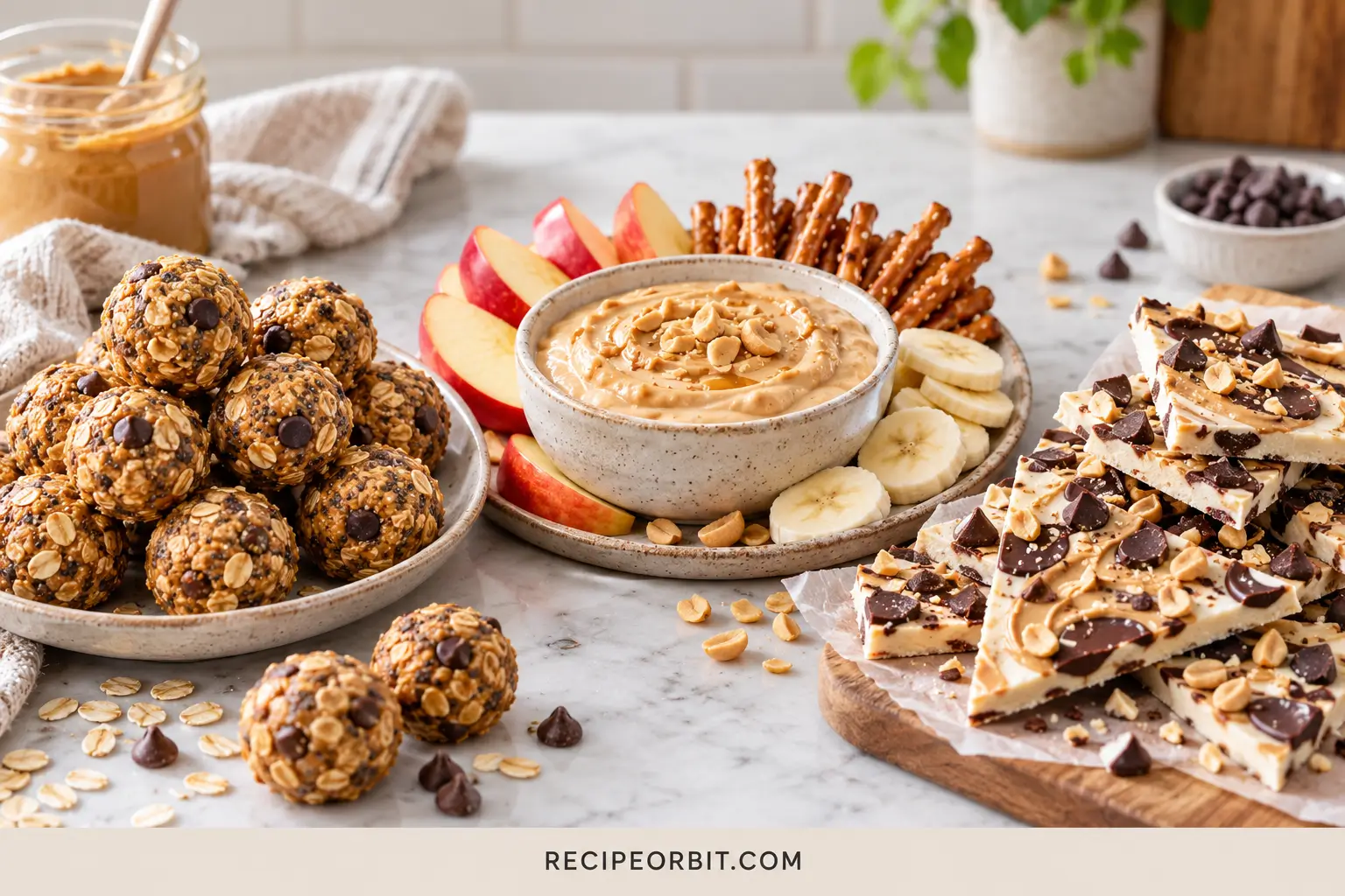 Three homemade peanut butter protein snacks with no-bake oat bites, Greek yogurt peanut butter dip, and frozen chocolate yogurt bark.