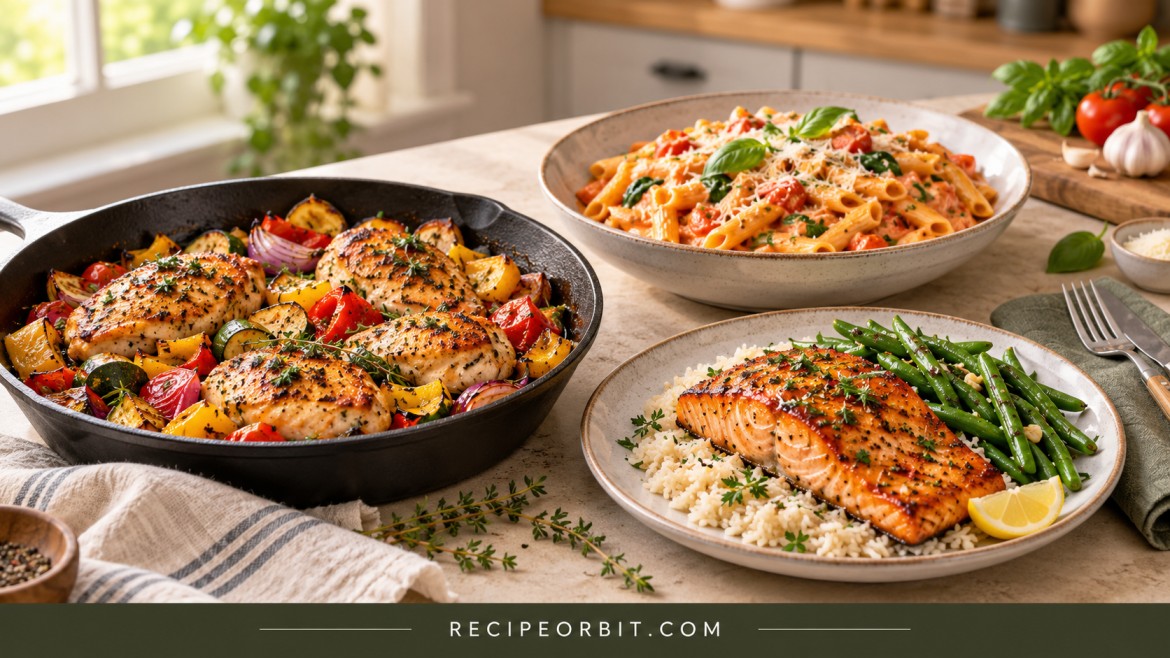 Three easy weeknight dinners featuring skillet chicken, creamy tomato pasta, and glazed salmon with vegetables.