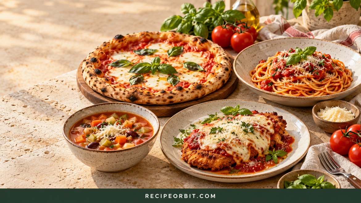 A spread of pizza Margherita, spaghetti with tomato sauce, chicken Parmesan, and minestrone soup on a rustic table.