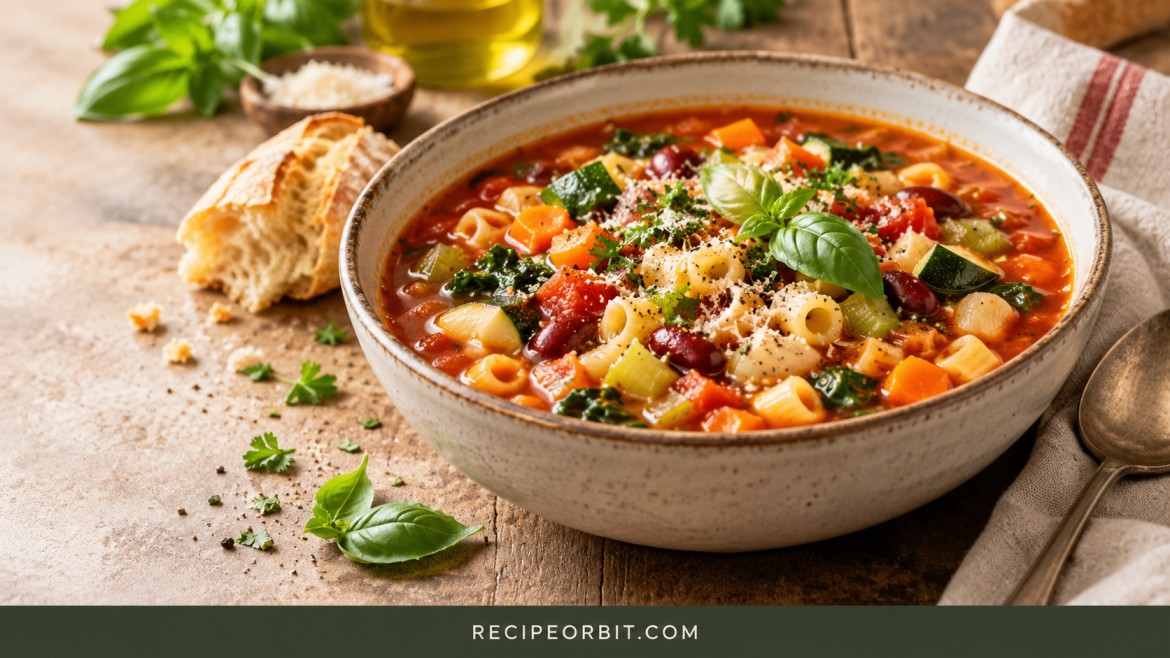Hearty Italian-style minestrone soup with vegetables, beans, pasta, and fresh basil.