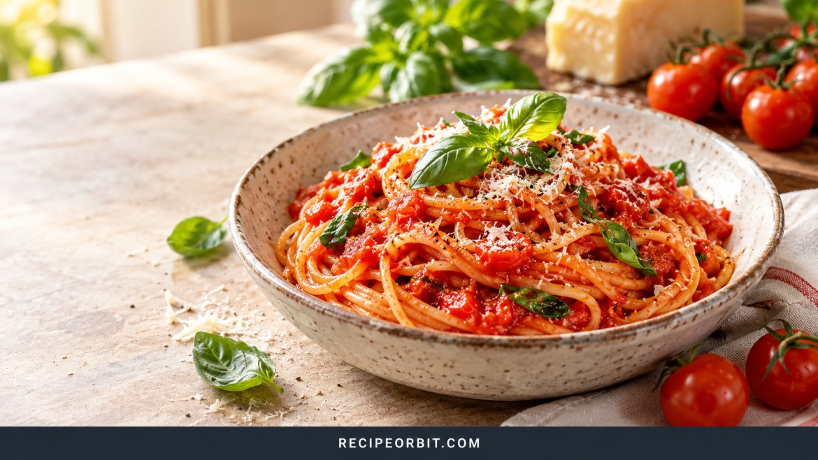 Easy Pasta al Pomodoro with fresh basil, tomato sauce, and Parmesan cheese.