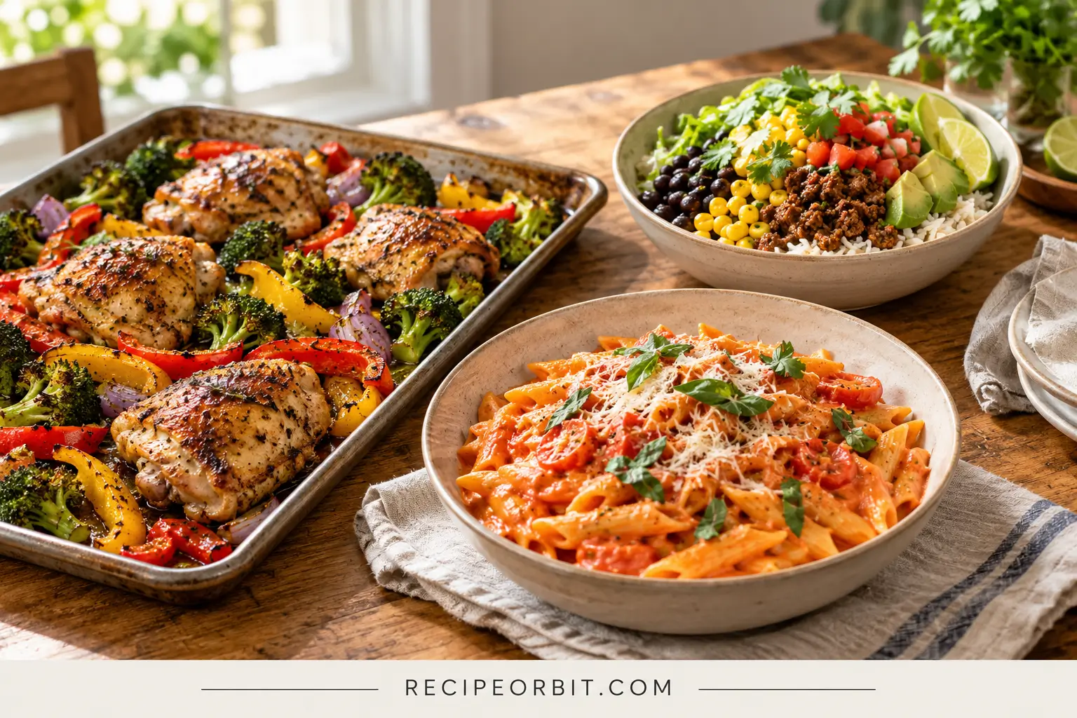 Three easy weeknight dinner ideas featuring sheet-pan chicken and vegetables, creamy tomato pasta, and turkey taco bowls on a dinner table.