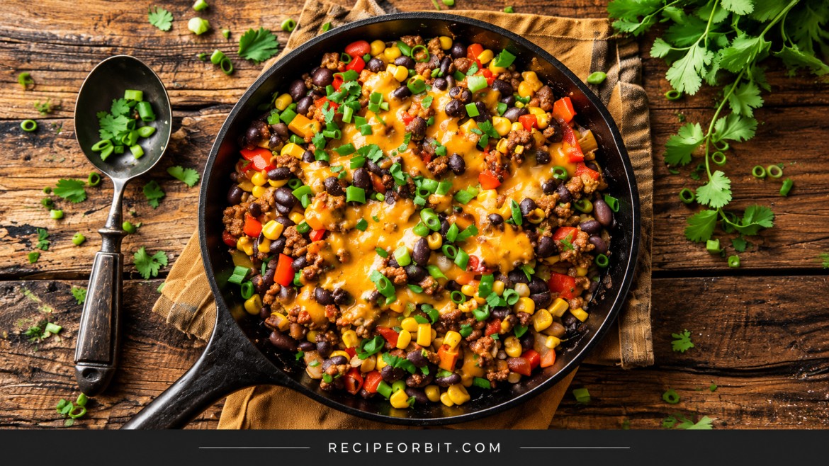 Tex-Mex skillet with ground beef, black beans, corn, bell peppers, melted cheese, and fresh cilantro.
