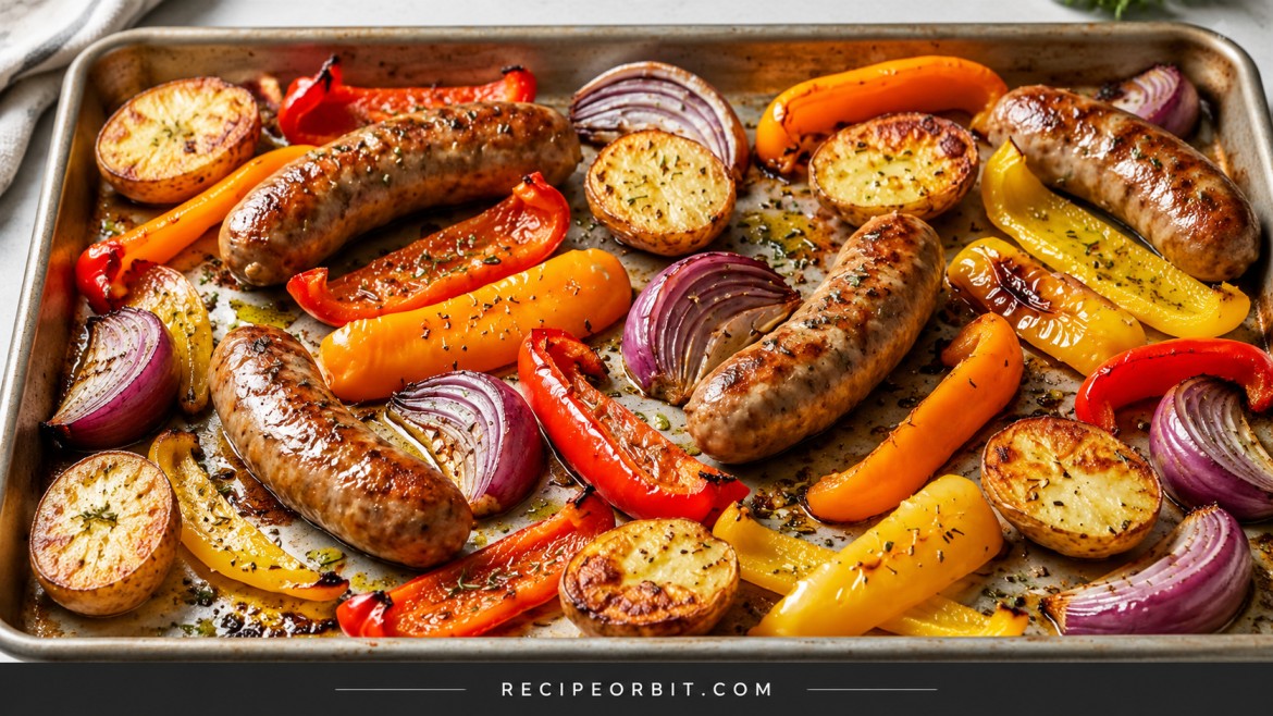 Sheet-pan roasted sausages with potatoes, colorful bell peppers, and red onions.