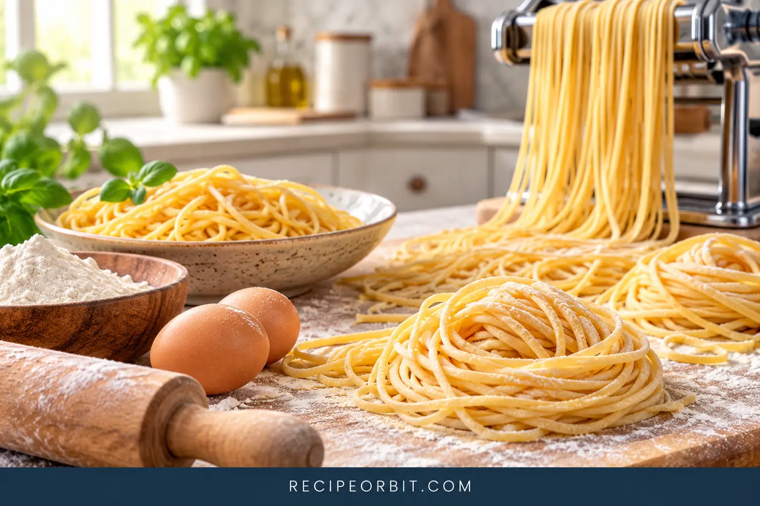 Homemade spaghetti noodles from scratch with fresh pasta, flour, eggs, and a pasta machine on a kitchen countertop.