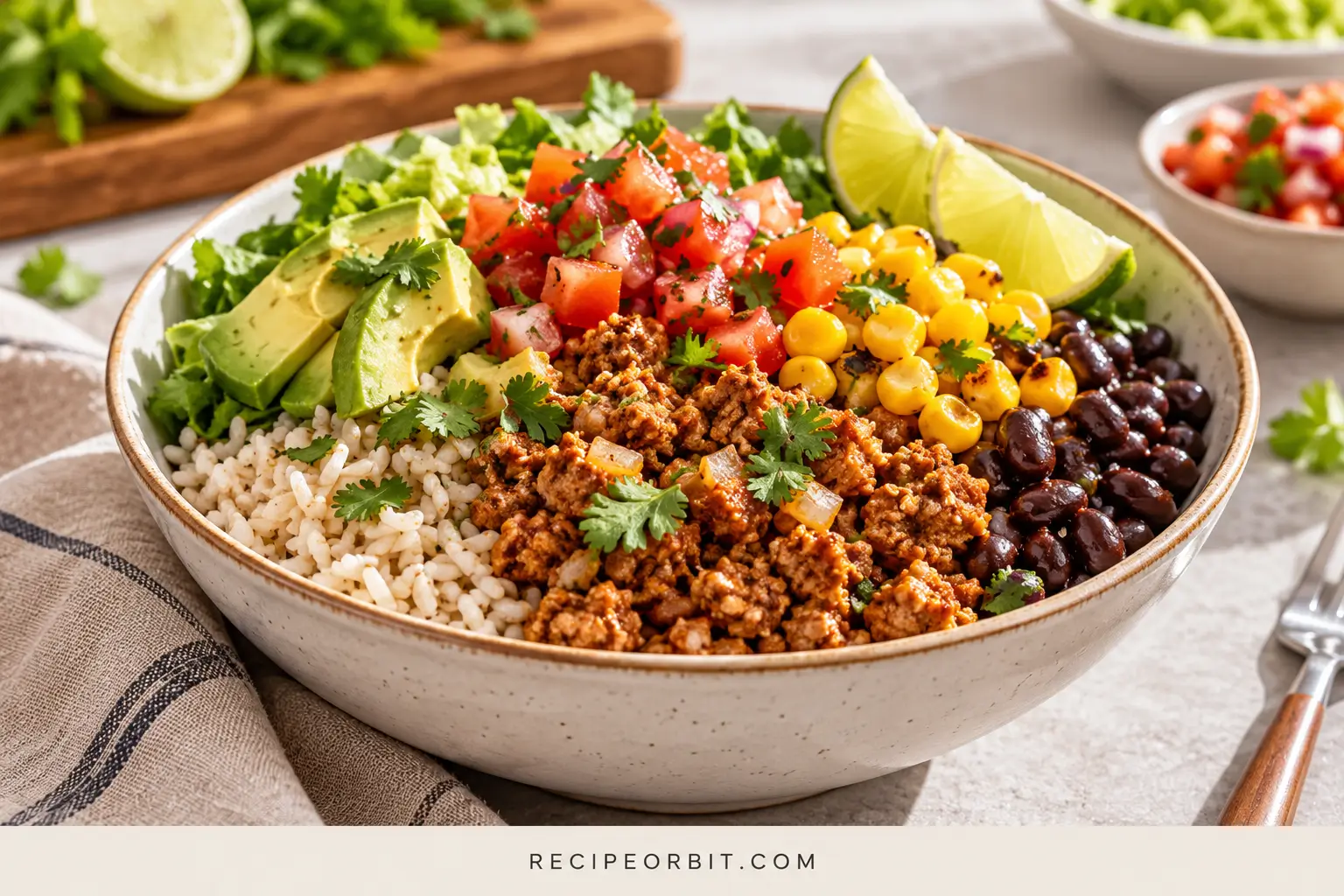 Quick turkey taco bowl with seasoned ground turkey, rice, black beans, corn, avocado, fresh tomato salsa, and lime.