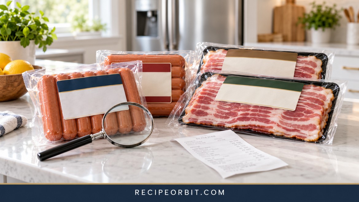 Illustrative photo of packaged hot dogs and bacon on a kitchen counter, highlighting the need to check products against the 2026 Kayem Foods recall.